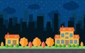 Vector night city with two cartoon houses and buildings. City space with road Royalty Free Stock Photo