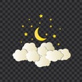 Vector night illustration, shining moon and stars, clouds, paper art style, objects isolated on dark transparent background. Royalty Free Stock Photo