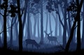 Vector night landscape with blue trees and deer silhouettes in d Royalty Free Stock Photo
