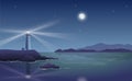 Vector night landscape with lighthouse by the sea and shining mo Royalty Free Stock Photo