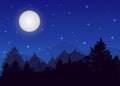 Vector night landscape with spruce forest, strarry sky and full moon. Royalty Free Stock Photo