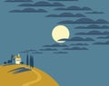 Vector night landscape with a village on a hill Royalty Free Stock Photo