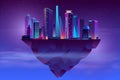 Vector night neon megapolis on soaring island