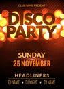 Vector night party poster template with shining golden lights background. Disco club flyer event design invitation.