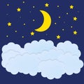 Night Sky, Cartoon Illustration, Paper Art Style Background, Bright Yellow Moon, Stars and Clouds Shining on Dark Blue Royalty Free Stock Photo