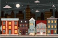 Vector night street with houses in city. Cartoon illustration with downtown and area with apartment buildings The