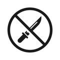 The vector of No Knife or No Weapon Sign. No weapon allowed symbol. Knife cross out. Prohibited icon in a red circle Royalty Free Stock Photo