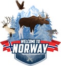 Vector Norway mountains forest emblem with moose, raindeer, wolf and white-tailed eagle