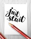 Vector note book mock up with hand written text message and red pen. Royalty Free Stock Photo