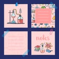Vector notes templates set with sketched science or chemistry elements and cute lettering Royalty Free Stock Photo