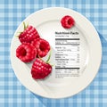 Vector of Nutrition facts in raspberries on white plate with kni