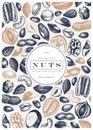 Vector nuts frame design. Hand drawn pecan, macadamia, pine nuts, walnut, almond, pistachio, chestnut, peanut, brazil nut,