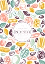 Vector nuts frame design. Hand drawn pecan, macadamia, pine nuts, walnut, almond, pistachio, chestnut, peanut, brazil nut, Royalty Free Stock Photo