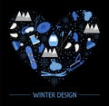 Vector objects for active winter framed in heart shape on black background. Cold season sport equipment composition Royalty Free Stock Photo