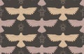Vector occult flat texture eagles with spread wings and boho totem on dark background. Decorative seamless pattern with flying