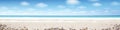 Vector ocean background. Blue sky, ocean, sandy beach and stones