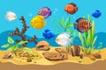 Vector ocean world. Exotic seascape with fish - Discus, seaweeds and corals. Aquatic ecosystem. Royalty Free Stock Photo