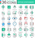 Vector Office stationery color flat line outline icons for apps and web design. Stationery icons elements. Royalty Free Stock Photo