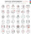 Vector Office stationery line red color line outline icons for apps and web design. Office stationery elements tools