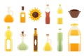 Vector oil bottles illustrations. Sunflower, olive, corn, seed, walnut, avocado oil. Isolated cartoon set icon sunflower