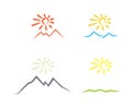 set vector icons sun over desert, sea, meadows, mountains, painted with  brush Royalty Free Stock Photo