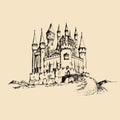 Vector old castle illustration.Gothic fortress background.Hand drawn sketch of landscape with ancient tower in mountains Royalty Free Stock Photo