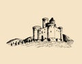 Vector old castle illustration. Gothic fortress. Hand drawn sketch of landscape with tower among rural fields and hills.