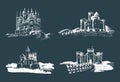Vector old castles illustrations set. Hand drawn architectural landscapes of ancient towers with rural fields and hills.