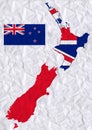 Vector old crumpled paper with watercolor painting of New Zeland flag and map