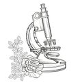 Vector old microscope with roses. Vintage hand drawn illustration for science book cover, tattoo template, laboratory alchemy Royalty Free Stock Photo