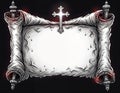 vector of old paper scroll with ornate design and a cross on black background Royalty Free Stock Photo