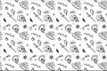 Black and white vector old school tattoos pattern on white background, doodle illustration