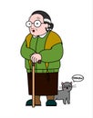 Vector old woman in a shawl with glasses and with a cane. Good old grandmother with a gray cute cat. Elderly woman, senile people