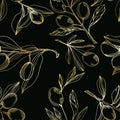 Vector Olive Branch With Fruit. Black And White Engraved Ink Art. Seamless Background Pattern.