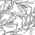 Vector olive branch seamless pattern. Black and white background with hand drawn sketch olives. Royalty Free Stock Photo