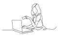 Vector one line Illustration of a young woman in front of a laptop, holding a credit card. Continuous Line Drawing of Royalty Free Stock Photo