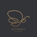 Vector one line logo icon, emblem with golden butterfly.