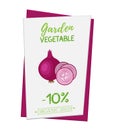 Vector purple onion poster, banner for discount, sale. Organic plant. Cartoon flat style