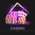 Vector online casino advertising concept. Stacks of chips, playing cards, text inscription