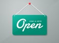 Vector open door sign. Label with text in flat style. Vector Royalty Free Stock Photo