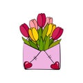 Vector open envelope in pink color with a bouquet of tulips and hearts on the envelope in doodle style. Spring design for