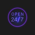 Vector Open 24 7 Neon Sign, Colorful Design Element Isolated on Dark Background, Circle Glowing Frame. Royalty Free Stock Photo