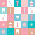 Vector oral care dental quilt seamless background. Mouth cleaning tools, brushes, paste, floss, rinse or mouthwash.