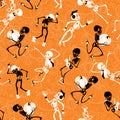 Vector orange dancing and skateboarding skeletons Haloween repeat pattern background. Great for spooky fun party themed