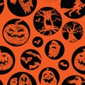 Vector orange hand drawn halloween spooky silhouettes in circles repeat pattern. Suitable for invitation card, halloween party