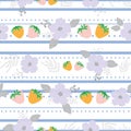 Vector orange pink cute strawberries with lavender grey modern field flowers elements on stripes seamless pattern background Royalty Free Stock Photo