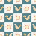 Vector Orange Yellow Birds and Flowers in Green and White Squares Seamless Repeat Pattern. Background for textile, book Royalty Free Stock Photo