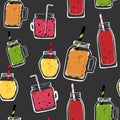 Vector organic fruits seamless pattern cocktail. glass bottle jar,isolated. delicious vegan drinks, tasty juices , smoothies made