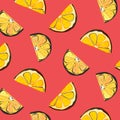 Vector organic lemon graphic on coral background. Fresh slice citrus juice illustration. Food organic texture. Nature