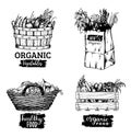 Vector organic vegetables images set. Farm products illustrations. Hand sketched baskets, box and bag with greens.